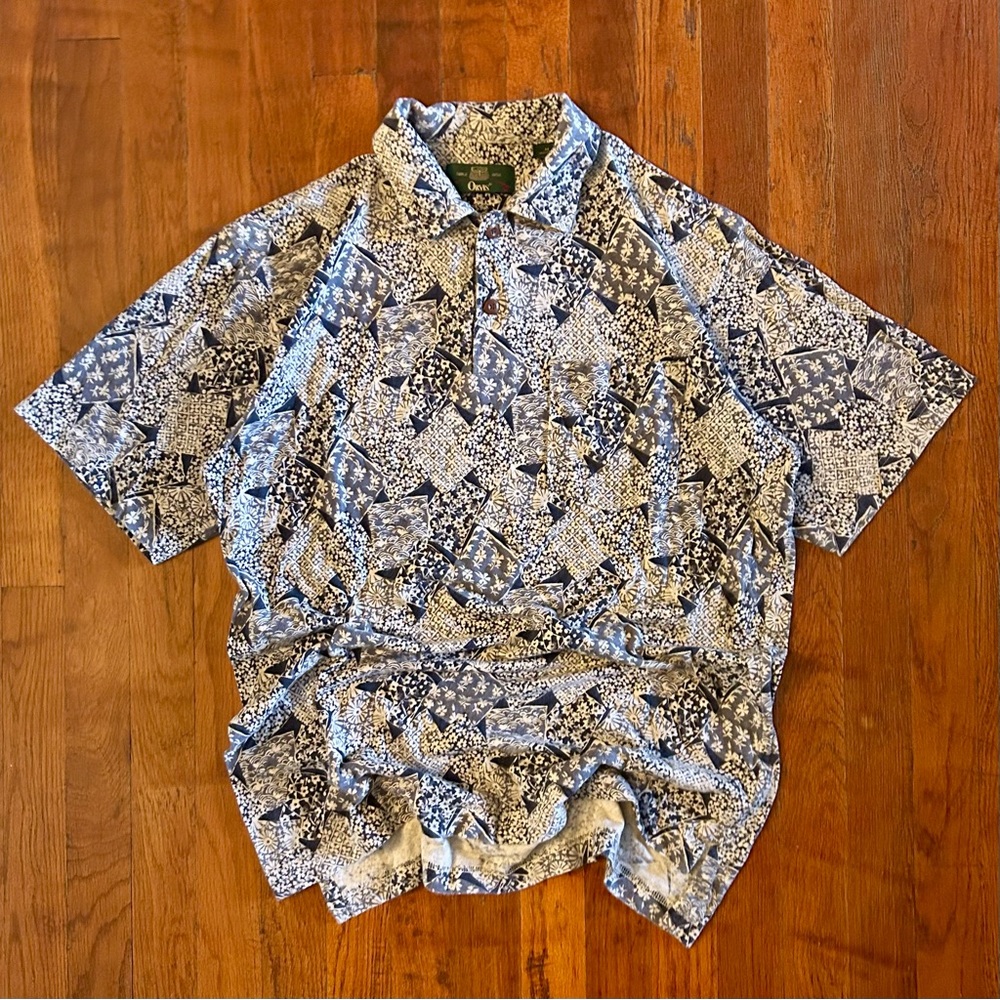 Vintage Orvis Gorpcore Outdoor Floral AOP Blue White Short Sleeve Polo Shirt M
